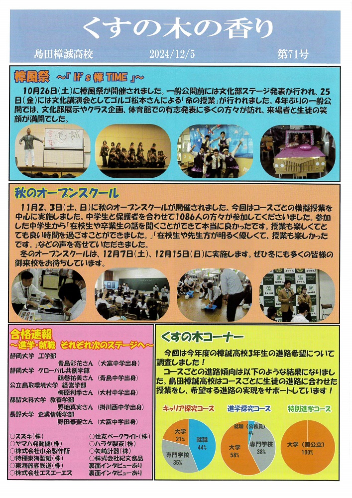 くすの木の香り（第71号）…２学期の行事や就職内定者の声などを掲載しています！