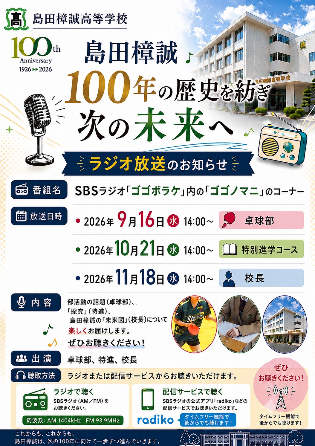 ＳＢＳラジオ「島田樟誠100年の歴史を紡ぎ次の未来へ」第１回…本日卓球部編が放送されます！